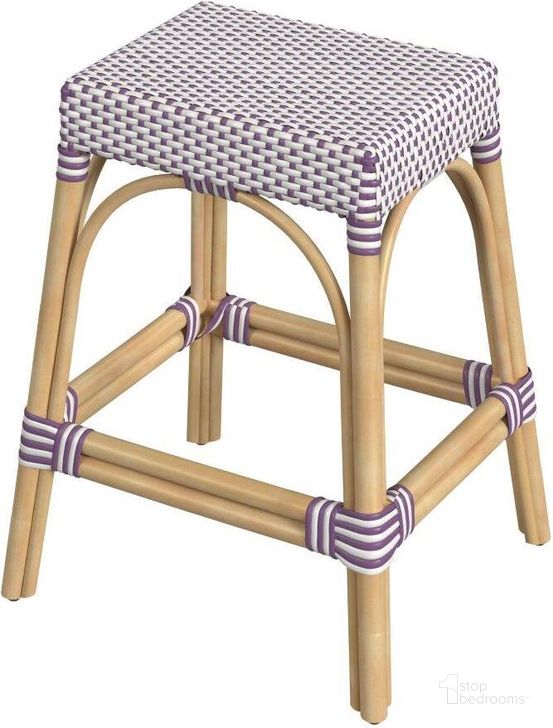 The appearance of Tobias 24.5 Inch Rattan White And Purple Counter Stool designed by Butler Specialty Company in the transitional interior design. This purple piece of furniture  was selected by 1StopBedrooms from Tobias Collection to add a touch of cosiness and style into your home. Sku: 5513429. Material: Rattan. Product Type: Barstool. Image1
