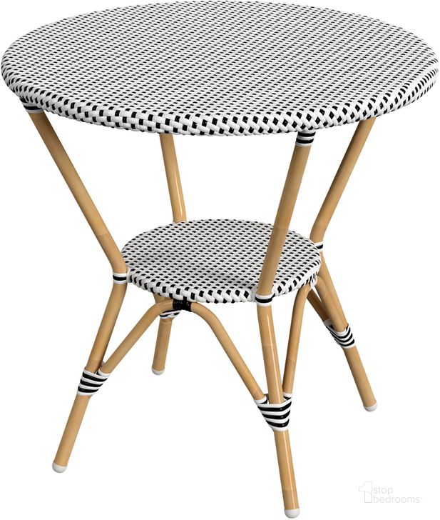 The appearance of Tobias Outdoor Rattan Round Bistro Table In Black and White designed by Butler Specialty Company in the traditional interior design. This black and white piece of furniture  was selected by 1StopBedrooms from Tobias Collection to add a touch of cosiness and style into your home. Sku: 5646434. Material: Metal. Product Type: Outdoor Table. Image1