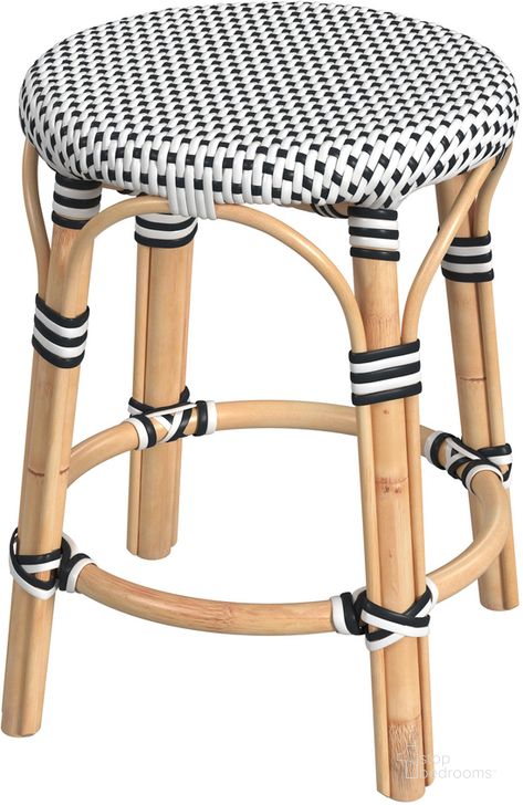 The appearance of Tobias Rattan Round 18 Inch Stool In White and Black designed by Butler Specialty Company in the transitional interior design. This white and black piece of furniture  was selected by 1StopBedrooms from Tobias Collection to add a touch of cosiness and style into your home. Sku: 5745295. Material: Rattan. Product Type: Dining Bench. Image1