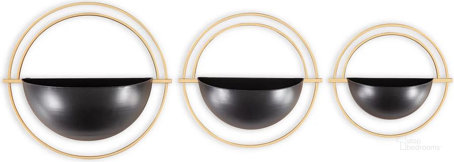 The appearance of Tobins Black And Gold Wall Planter Set Of 3 designed by Signature Design by Ashley in the modern / contemporary interior design. This black/gold piece of furniture  was selected by 1StopBedrooms from Tobins Collection to add a touch of cosiness and style into your home. Sku: A8010374. Material: Metal. Product Type: Planter. Image1