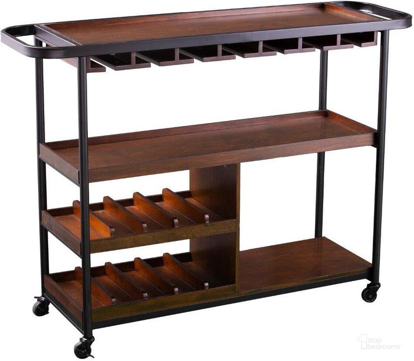 The appearance of Tonsley Rolling Wine Cart designed by SEI Furniture in the modern / contemporary interior design. This tobacco piece of furniture  was selected by 1StopBedrooms from Tonsley Collection to add a touch of cosiness and style into your home. Sku: HZ2598. Material: Wood. Product Type: Bar Cart. Image1