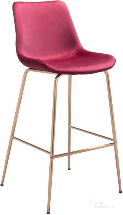 The appearance of Tony Bar Chair Red and Gold designed by Zuo Modern in the modern / contemporary interior design. This gold and red piece of furniture  was selected by 1StopBedrooms from Tony Collection to add a touch of cosiness and style into your home. Sku: 101759. Material: Steel. Product Type: Bar Chair. Image1