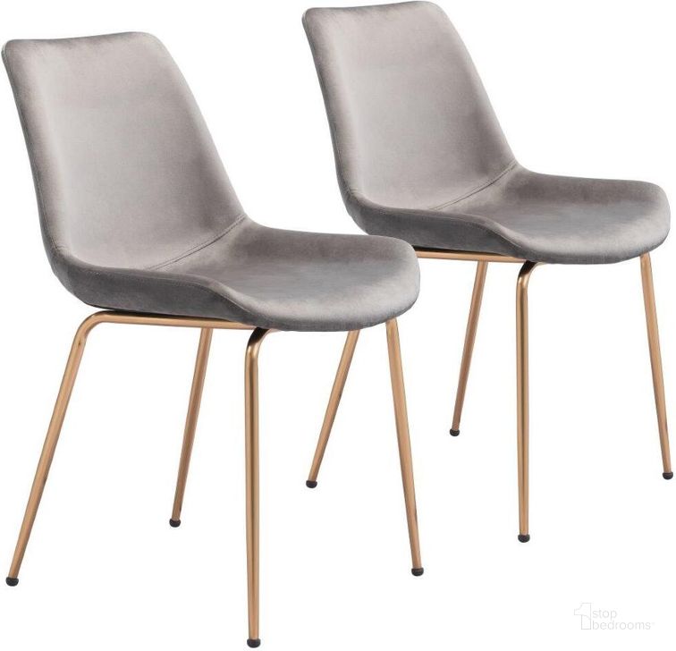 The appearance of Tony Dining Chair Set of 2 Gray and Gold designed by Zuo Modern in the modern / contemporary interior design. This gray and gold piece of furniture  was selected by 1StopBedrooms from Tony Collection to add a touch of cosiness and style into your home. Sku: 101766. Material: Steel. Product Type: Dining Chair. Image1