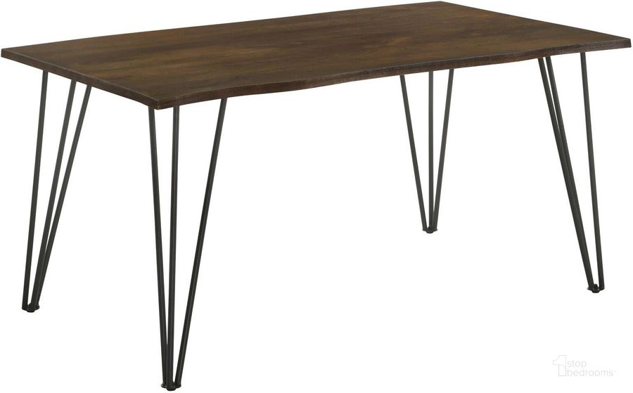 The appearance of Topeka Live-Edge Dining Table Mango Cocoa and Gunmetal designed by Coaster in the rustic / southwestern interior design. This gunmetal piece of furniture  was selected by 1StopBedrooms from Topeka Collection to add a touch of cosiness and style into your home. Sku: 193851B1;193851B2. Table Base Style: Legs. Material: Metal. Product Type: Dining Table. Table Top Shape: Rectangular. Size: 36". Image1