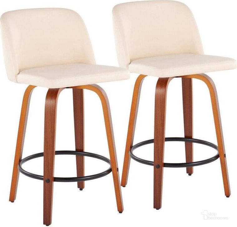 The appearance of Toriano Fixed-Height Counter Stool Set of 2 in Walnut Wood with Round Chrome Footrest and Cream Faux Leather designed by Lumisource in the modern / contemporary interior design. This cream piece of furniture  was selected by 1StopBedrooms from Tintori Collection to add a touch of cosiness and style into your home. Sku: B26-TRNOPU-SWVR2 WLCR2. Material: Wood. Product Type: Barstool. Image1