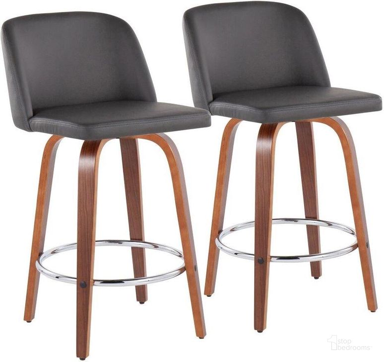 The appearance of Toriano Fixed-Height Counter Stool Set of 2 in Walnut Wood with Round Chrome Footrest and Grey Faux Leather designed by Lumisource in the modern / contemporary interior design. This grey piece of furniture  was selected by 1StopBedrooms from Tintori Collection to add a touch of cosiness and style into your home. Sku: B26-TRNOPU-SWVR2 WLGY2. Material: Wood. Product Type: Barstool. Image1