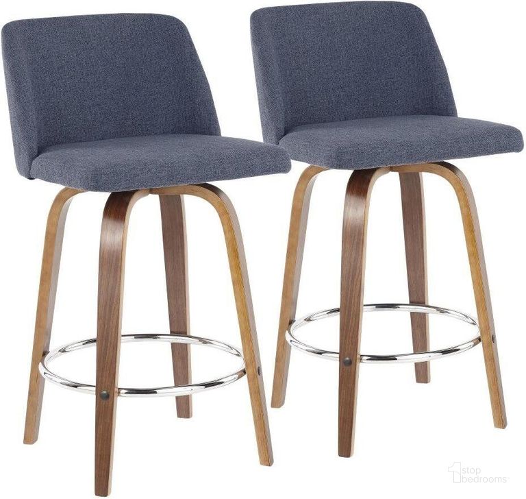 The appearance of Toriano Mid-Century Modern Counter Stool In Walnut And Blue Fabric - Set Of 2 designed by Lumisource in the transitional interior design. This blue piece of furniture  was selected by 1StopBedrooms from Tintori Collection to add a touch of cosiness and style into your home. Sku: B26-TRNO2R WLBU2. Material: Fabric. Product Type: Barstool. Image1