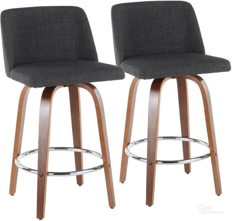 The appearance of Toriano Mid-Century Modern Counter Stool In Walnut And Charcoal Fabric - Set Of 2 designed by Lumisource in the transitional interior design. This charcoal piece of furniture  was selected by 1StopBedrooms from Tintori Collection to add a touch of cosiness and style into your home. Sku: B26-TRNO2R WLCHAR2. Material: Fabric. Product Type: Barstool. Image1