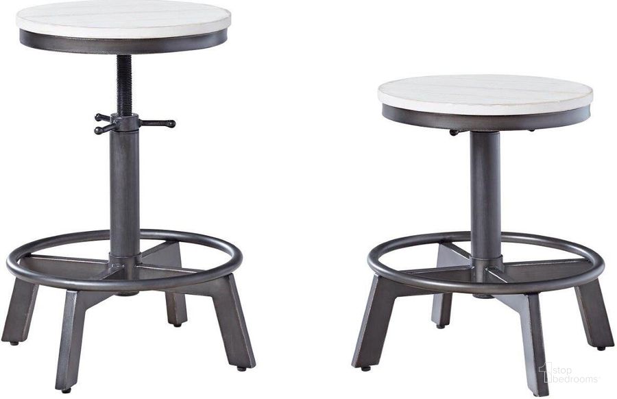 The appearance of Torjin Vintage White Counter Height Stool Set Of 2 designed by Signature Design by Ashley in the transitional interior design. This vintage white piece of furniture  was selected by 1StopBedrooms from Torjin Collection to add a touch of cosiness and style into your home. Sku: D440-224. Material: Metal. Product Type: Accent Stool. Image1