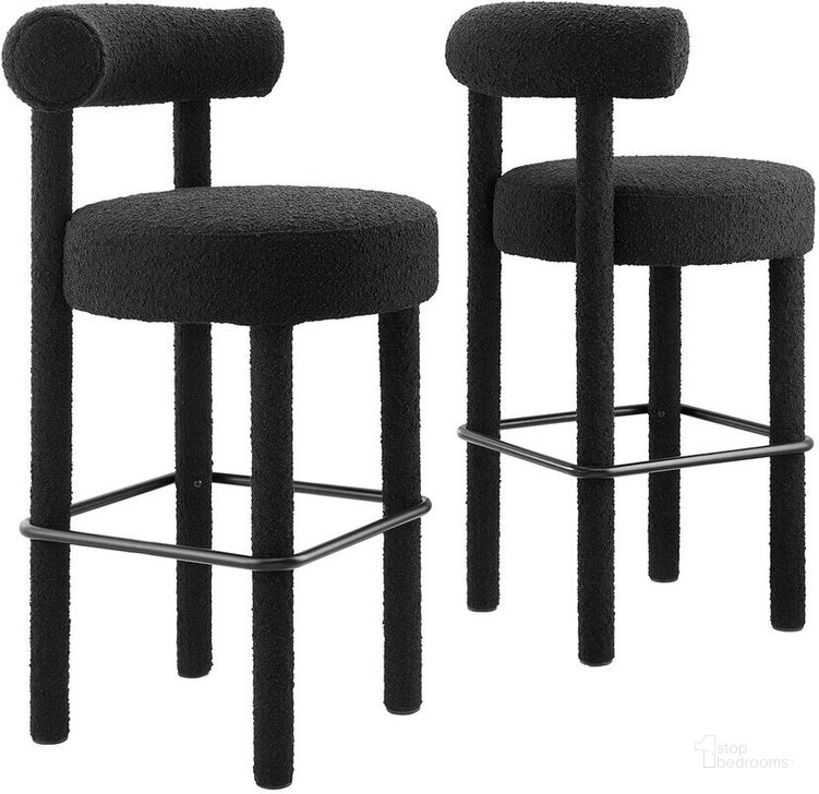 The appearance of Toulouse Boucle Fabric Bar Stool Set of 2 In Black Black designed by Modway in the modern / contemporary interior design. This black black piece of furniture  was selected by 1StopBedrooms from Toulouse Collection to add a touch of cosiness and style into your home. Sku: EEI-6709-BLK-BLK. Material: Fabric. Product Type: Barstool. Image1