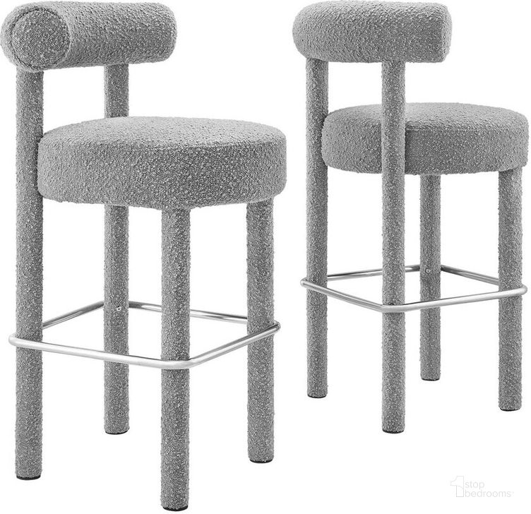 The appearance of Toulouse Boucle Fabric Bar Stool Set of 2 In Silver designed by Modway in the modern / contemporary interior design. This silver piece of furniture  was selected by 1StopBedrooms from Toulouse Collection to add a touch of cosiness and style into your home. Sku: EEI-6709-LGR-SLV. Material: Fabric. Product Type: Barstool. Image1
