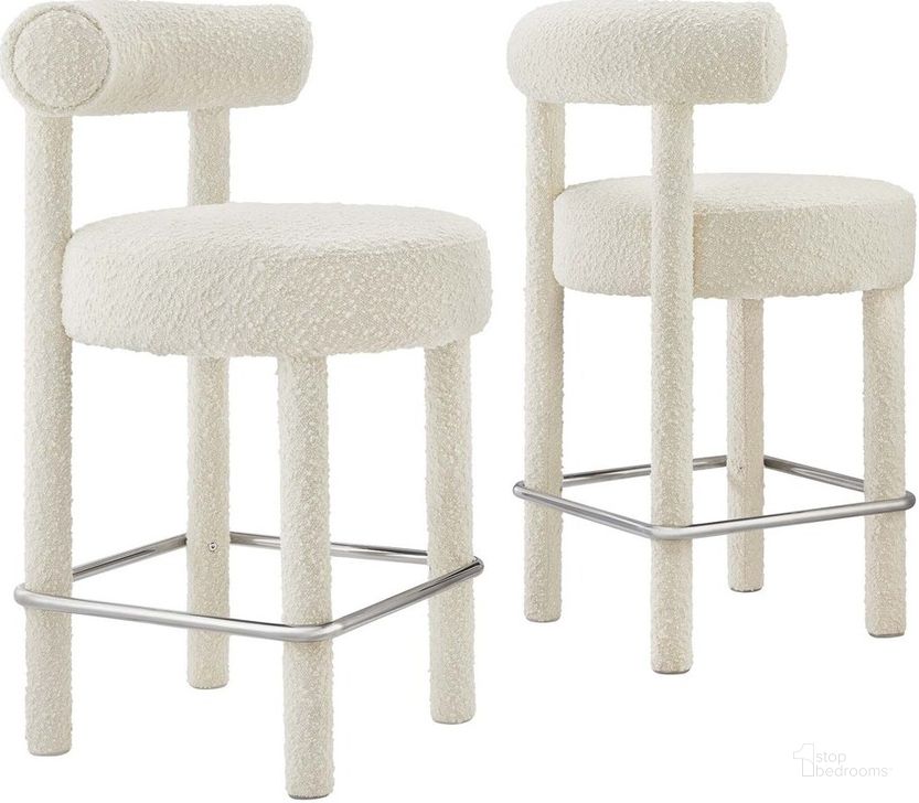 The appearance of Toulouse Boucle Fabric Counter Stool Set of 2 In Ivory and Silver designed by Modway in the modern / contemporary interior design. This ivory and silver piece of furniture  was selected by 1StopBedrooms from Toulouse Collection to add a touch of cosiness and style into your home. Sku: EEI-6707-IVO-SLV. Material: Fabric. Product Type: Barstool. Image1