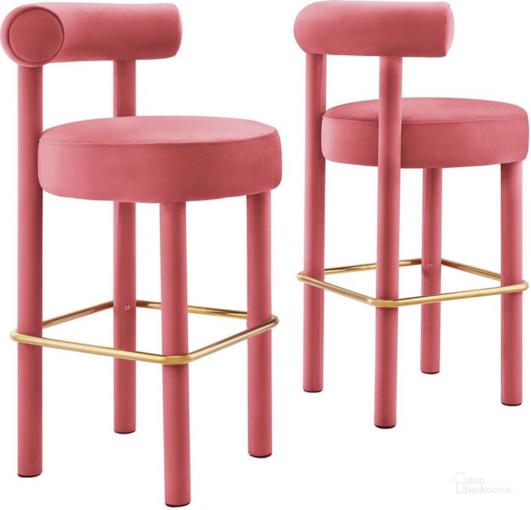 The appearance of Toulouse Performance Velvet Bar Stool Set of 2 In Gold designed by Modway in the modern / contemporary interior design. This gold piece of furniture  was selected by 1StopBedrooms from Toulouse Collection to add a touch of cosiness and style into your home. Sku: EEI-6710-BLO-GLD. Product Type: Barstool. Material: Plywood. Image1