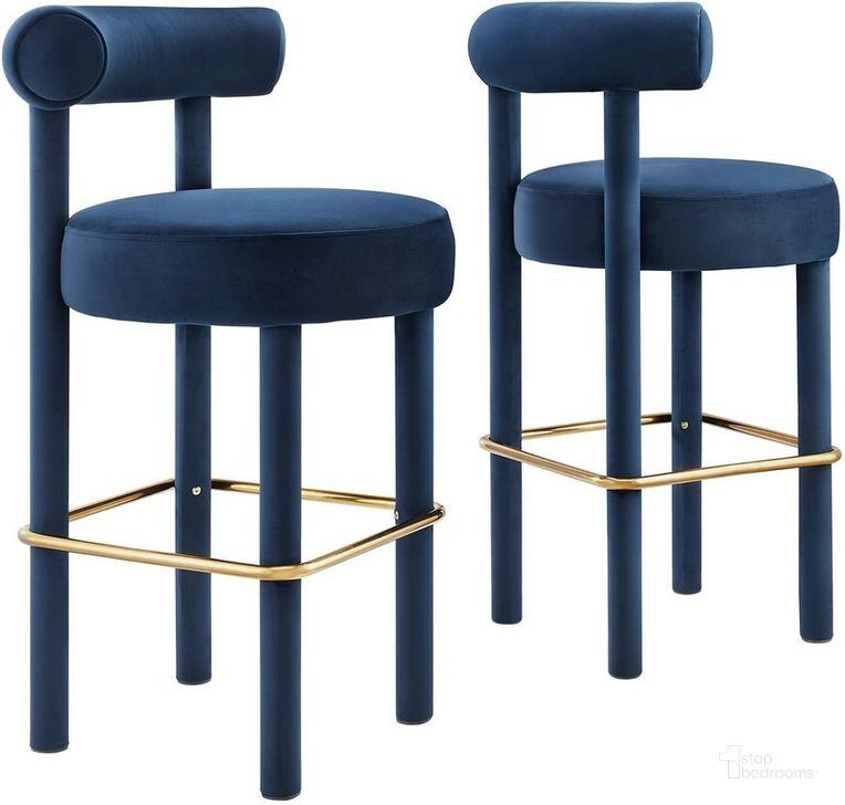 The appearance of Toulouse Performance Velvet Bar Stool Set of 2 In Gold designed by Modway in the modern / contemporary interior design. This blue piece of furniture  was selected by 1StopBedrooms from Toulouse Collection to add a touch of cosiness and style into your home. Sku: EEI-6710-MID-GLD. Product Type: Barstool. Material: Plywood. Image1