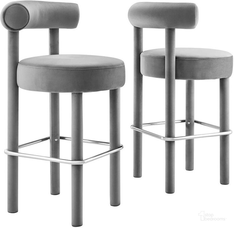 The appearance of Toulouse Performance Velvet Bar Stool Set of 2 In Gray/Silver designed by Modway in the modern / contemporary interior design. This gray piece of furniture  was selected by 1StopBedrooms from Toulouse Collection to add a touch of cosiness and style into your home. Sku: EEI-6710-GRY-SLV. Product Type: Barstool. Material: Plywood. Image1