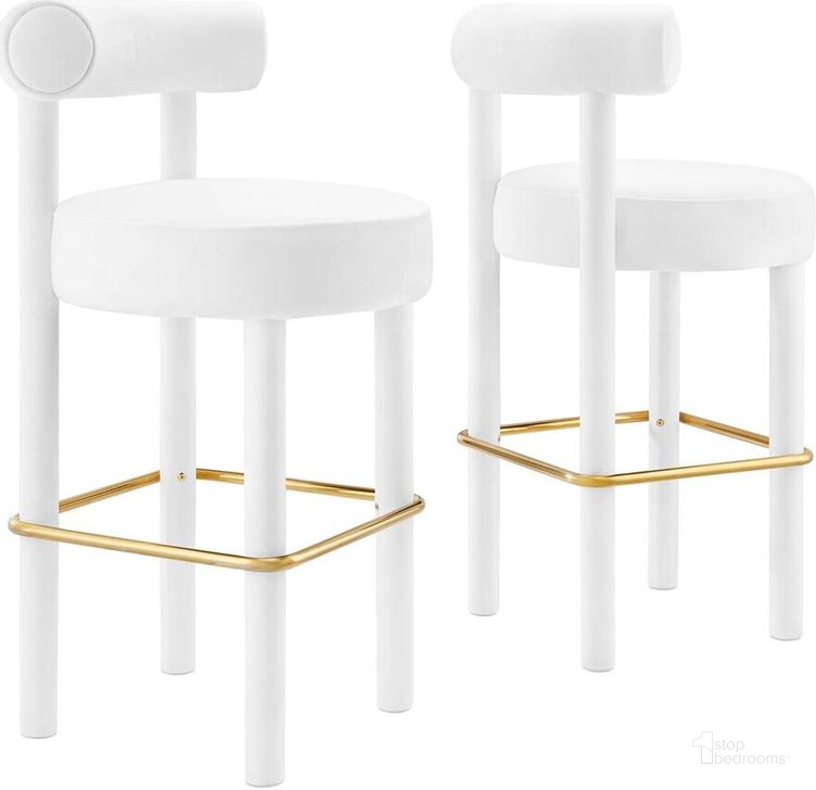 The appearance of Toulouse Performance Velvet Bar Stool Set of 2 In White Gold designed by Modway in the modern / contemporary interior design. This white gold piece of furniture  was selected by 1StopBedrooms from Toulouse Collection to add a touch of cosiness and style into your home. Sku: EEI-6710-WHI-GLD. Product Type: Barstool. Material: Plywood. Image1