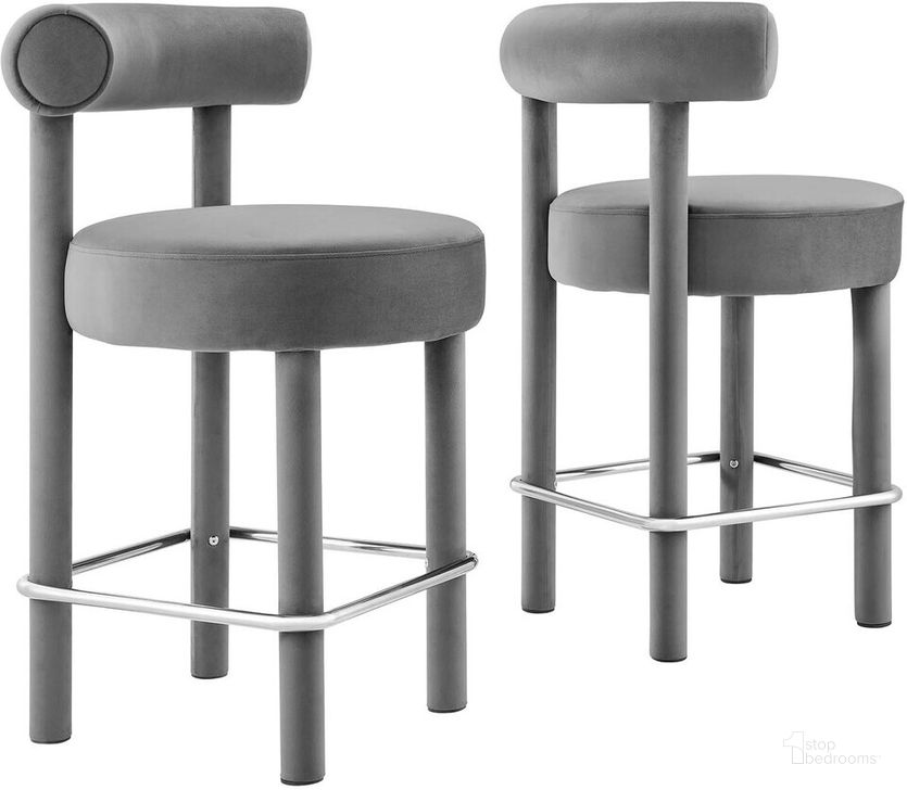 The appearance of Toulouse Performance Velvet Counter Stool Set of 2 In Gray/Silver designed by Modway in the modern / contemporary interior design. This gray/silver piece of furniture  was selected by 1StopBedrooms from Toulouse Collection to add a touch of cosiness and style into your home. Sku: EEI-6708-GRY-SLV. Product Type: Barstool. Material: Plywood. Image1