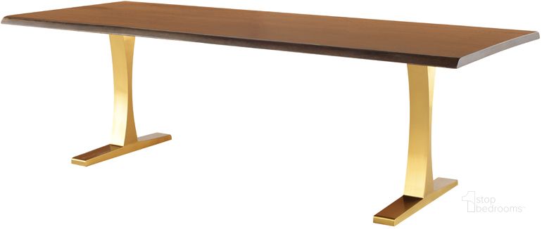 The appearance of Toulouse Seared Wood Dining Table HGSX190 designed by Nuevo in the modern / contemporary interior design. This brown and gold piece of furniture  was selected by 1StopBedrooms from Toulouse Collection to add a touch of cosiness and style into your home. Sku: HGSX190. Table Base Style: Double Pedestal. Material: Wood. Product Type: Dining Table. Table Top Shape: Rectangular. Size: 40". Image1