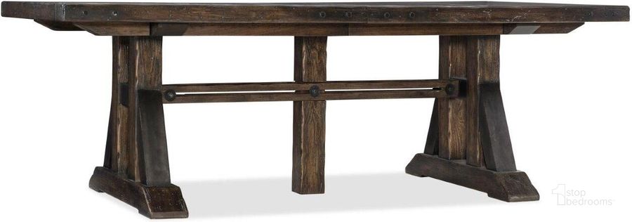 The appearance of Roslyn County Trestle Dining Table w/2 21 in leaves designed by Hooker in the transitional interior design. This dark wood piece of furniture  was selected by 1StopBedrooms from Roslyn Collection to add a touch of cosiness and style into your home. Sku: 1618-75007-DKW;1618-75008-DKW. Table Base Style: Trestle. Product Type: Dining Table. Table Top Shape: Rectangular. Material: Poplar. Size: 90". Image1