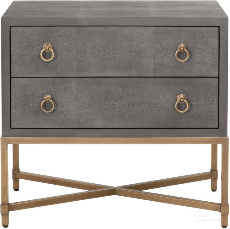 The appearance of Traditions Gray Shagreen Strand Shagreen 2 Drawer Nightstand designed by Essentials For Living in the transitional interior design. This gray and gold piece of furniture  was selected by 1StopBedrooms from Traditions Collection to add a touch of cosiness and style into your home. Sku: 6121.GRY-SHG/GLD. Material: Wood. Product Type: Nightstand. Image1