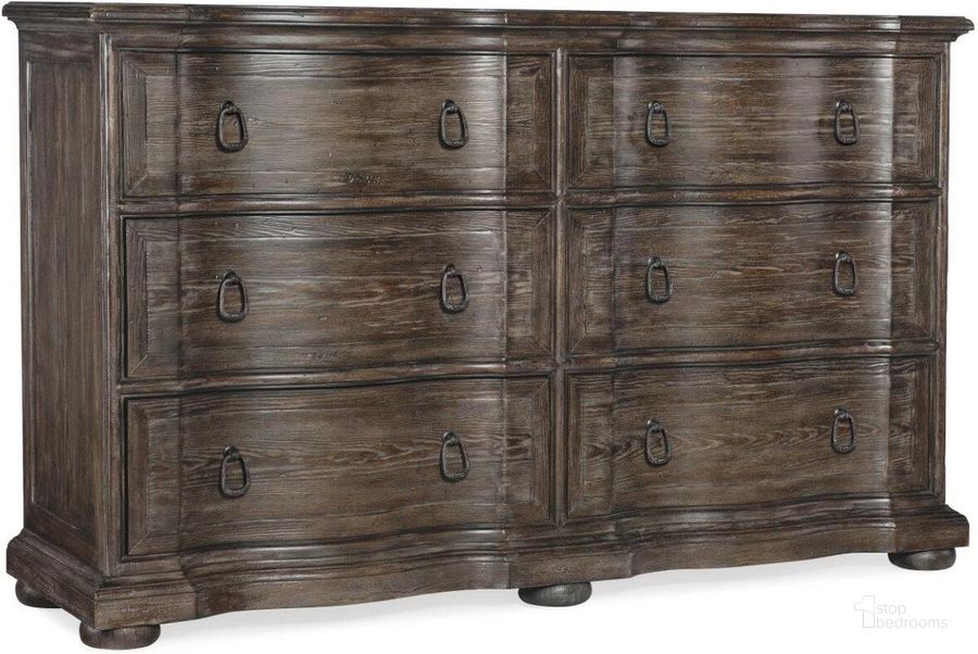 The appearance of Traditions Six-Drawer Dresser 5961-90002-89 designed by Hooker in the traditional interior design. This dark wood piece of furniture  was selected by 1StopBedrooms from Traditions Collection to add a touch of cosiness and style into your home. Sku: 5961-90002-89. Material: Wood. Product Type: Dresser. Image1