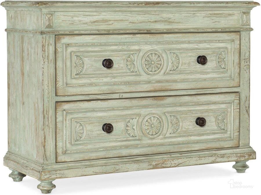 The appearance of Traditions Two-Drawer Accent Chest designed by Hooker in the traditional interior design. This green piece of furniture  was selected by 1StopBedrooms from Traditions Collection to add a touch of cosiness and style into your home. Sku: 5961-85002-35. Material: Wood. Product Type: Chest. Image1