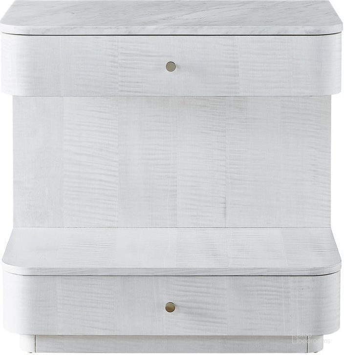 The appearance of Tranquility Paris Nightstand In White Marble designed by Universal in the transitional interior design. This white marble piece of furniture  was selected by 1StopBedrooms from Tranquility Collection to add a touch of cosiness and style into your home. Sku: U195C355. Product Type: Nightstand. Material: Wood Veneer. Image1