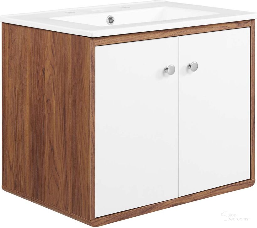 The appearance of Transmit 24 Inch 	Wall-Mount Bathroom Vanity designed by Modway in the modern / contemporary interior design. This walnut white piece of furniture  was selected by 1StopBedrooms from Transmit Collection to add a touch of cosiness and style into your home. Sku: EEI-4431-WAL-WHI. Material: Ceramic. Product Type: Bathroom Vanity. Image1