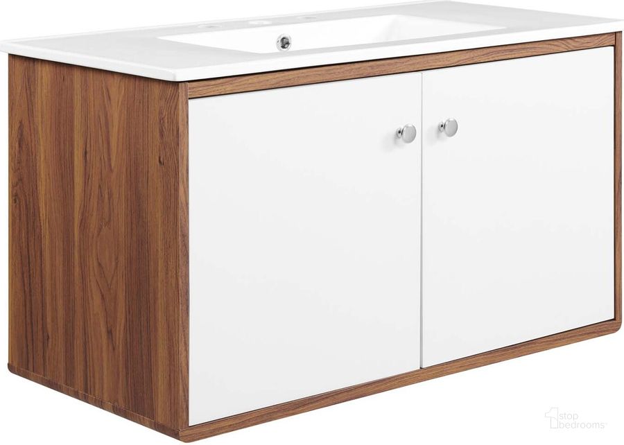 The appearance of Transmit 36 Inch Wall-Mount Bathroom Vanity EEI-4434-WAL-WHI designed by Modway in the modern / contemporary interior design. This walnut white piece of furniture  was selected by 1StopBedrooms from Transmit Collection to add a touch of cosiness and style into your home. Sku: EEI-4434-WAL-WHI. Material: Ceramic. Product Type: Bathroom Vanity. Image1
