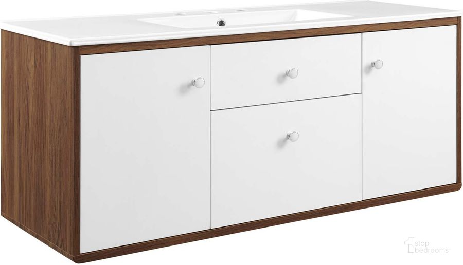 The appearance of Transmit 48 Inch Wall-Mount Bathroom Vanity EEI-4900-WAL-WHI designed by Modway in the modern / contemporary interior design. This walnut white piece of furniture  was selected by 1StopBedrooms from Transmit Collection to add a touch of cosiness and style into your home. Sku: EEI-4900-WAL-WHI. Material: Ceramic. Product Type: Bathroom Vanity. Image1