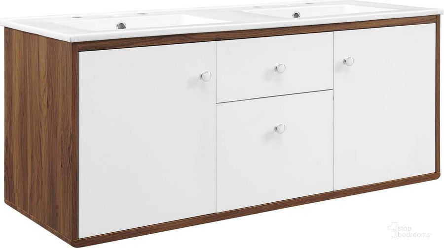 The appearance of Transmit 48 Inch Wall-Mount Bathroom Vanity EEI-4901-WAL-WHI designed by Modway in the modern / contemporary interior design. This walnut white piece of furniture  was selected by 1StopBedrooms from Transmit Collection to add a touch of cosiness and style into your home. Sku: EEI-4901-WAL-WHI. Material: Ceramic. Product Type: Bathroom Vanity. Image1
