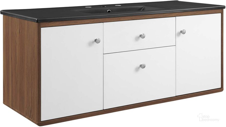 The appearance of Transmit 48 Inch Wall-Mount Bathroom Vanity EEI-5399-WAL-BLK designed by Modway in the modern / contemporary interior design. This walnut black piece of furniture  was selected by 1StopBedrooms from Transmit Collection to add a touch of cosiness and style into your home. Sku: EEI-5399-WAL-BLK. Material: Ceramic. Product Type: Bathroom Vanity. Image1