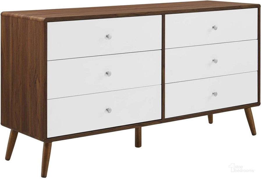 The appearance of Transmit 60 Inch Dresser In Walnut White designed by Modway in the modern / contemporary interior design. This walnut white piece of furniture  was selected by 1StopBedrooms from Transmit Collection to add a touch of cosiness and style into your home. Sku: MOD-7022-WAL-WHI. Product Type: Dresser. Material: MDF. Image1