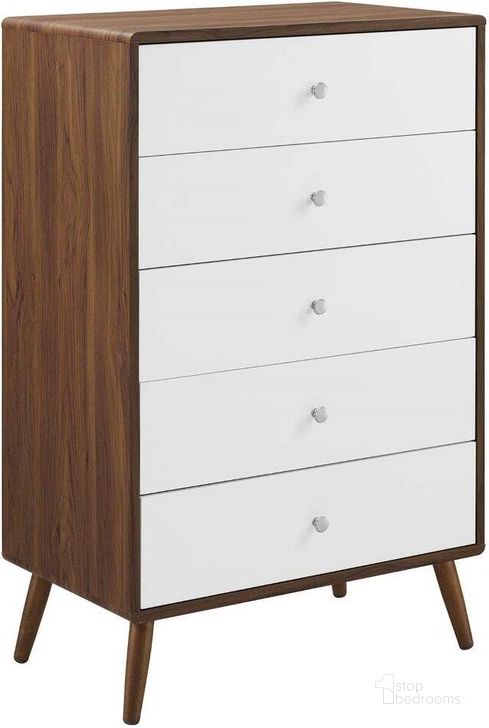 The appearance of Transmit Walnut White 5-Drawer Chest designed by Modway in the modern / contemporary interior design. This walnut white piece of furniture  was selected by 1StopBedrooms from Transmit Collection to add a touch of cosiness and style into your home. Sku: MOD-7020-WAL-WHI. Product Type: Chest. Material: MDF. Image1