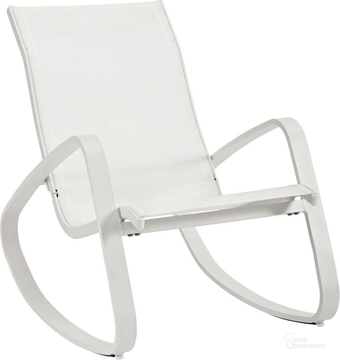 The appearance of Traveler White Rocking Outdoor Patio Mesh Sling Lounge Chair designed by Modway in the modern / contemporary interior design. This white piece of furniture  was selected by 1StopBedrooms from Traveler Collection to add a touch of cosiness and style into your home. Sku: EEI-3027-WHI-WHI. Material: Aluminum. Product Type: Outdoor Chair. Image1