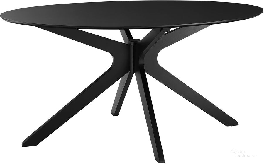 The appearance of Traverse 63 Inch Oval Dining Table In Black Black designed by Modway in the modern / contemporary interior design. This black black piece of furniture  was selected by 1StopBedrooms from Traverse Collection to add a touch of cosiness and style into your home. Sku: EEI-5512-BLK-BLK. Table Base Style: Trestle. Table Top Shape: Oval. Product Type: Dining Table. Material: MDF. Size: 63". Image1