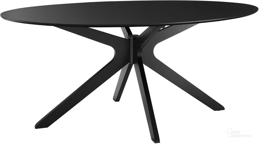 The appearance of Traverse 71 Inch  Oval Dining Table In Black designed by Modway in the modern / contemporary interior design. This black piece of furniture  was selected by 1StopBedrooms from Traverse Collection to add a touch of cosiness and style into your home. Sku: EEI-5513-BLK-BLK. Table Base Style: Trestle. Table Top Shape: Oval. Product Type: Dining Table. Material: Rubberwood. Size: 71". Image1