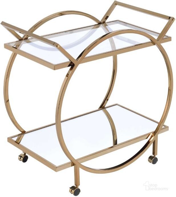 The appearance of Traverse Serving Cart designed by ACME in the transitional interior design. This champagne piece of furniture  was selected by 1StopBedrooms from Traverse Collection to add a touch of cosiness and style into your home. Sku: 98295. Product Type: Kitchen Islands and Serving Cart. Material: Metal/Glass. Image1