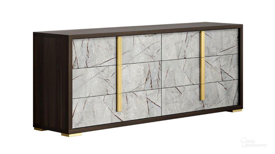 The appearance of Travertine Dresser In Dark Oak And Gray designed by J&M in the modern / contemporary interior design. This grey and oak piece of furniture  was selected by 1StopBedrooms from Travertine Collection to add a touch of cosiness and style into your home. Sku: 18772-D. Product Type: Dresser. Material: MDF. Image1