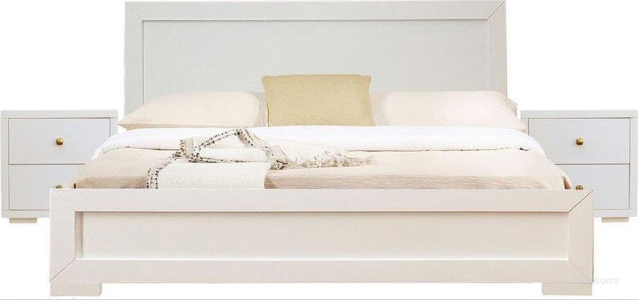 The appearance of Trent Wooden King Platform Bed in White with 2 Nightstands designed by Camden Isle Furniture in the modern / contemporary interior design. This white piece of furniture  was selected by 1StopBedrooms from Trent Collection to add a touch of cosiness and style into your home. Sku: 312433. Bed Type: Platform Bed. Product Type: Platform Bed. Bed Size: King. Image1