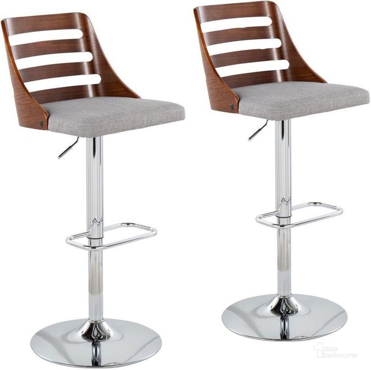 The appearance of Trevi Mid Century Modern Adjustable Barstool With Swivel In Walnut And Grey Fabric Set Of 2 designed by Lumisource in the transitional interior design. This grey piece of furniture  was selected by 1StopBedrooms from Trevi Collection to add a touch of cosiness and style into your home. Sku: BS-TRV2-SWVREC WLGY2. Material: Wood. Product Type: Barstool. Image1