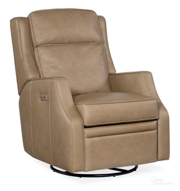 The appearance of Tricia Power Swivel Glider Recliner In Beige designed by Hooker in the transitional interior design. This beige piece of furniture  was selected by 1StopBedrooms from RC Collection to add a touch of cosiness and style into your home. Sku: RC110-PSWGL-082. Material: Leather. Product Type: Recliner. Image1