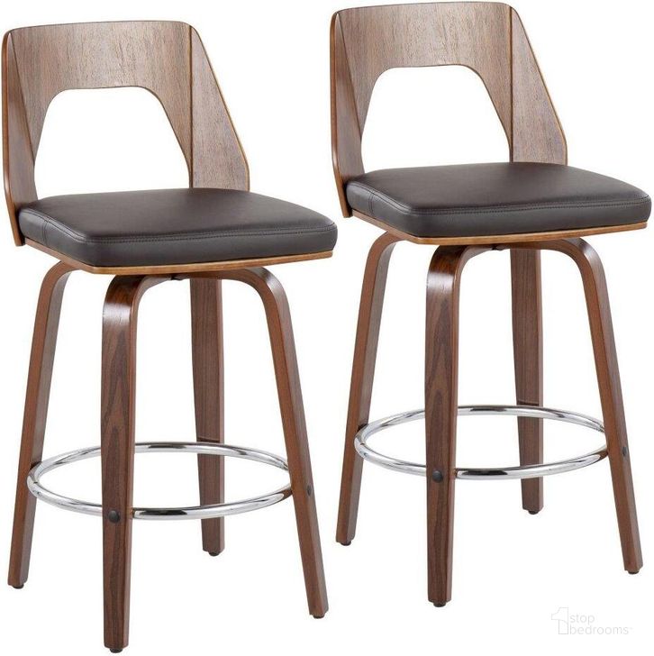 The appearance of Trilogy 24 Inch Mid Century Modern Fixed Height Counter Stool In Walnut Wood, Brown Faux Leather And Chrome Footrest Set Of 2 designed by Lumisource in the transitional interior design. This brown piece of furniture  was selected by 1StopBedrooms from Trilogy Collection to add a touch of cosiness and style into your home. Sku: B24-TRILO2-SWVR WLBN2. Material: Wood. Product Type: Barstool. Image1