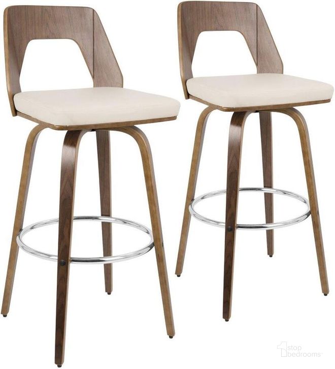 The appearance of Trilogy 30 Inch Mid Century Modern Fixed Height Barstool With Swivel In Walnut And Cream Faux Leather Set Of 2 designed by Lumisource in the transitional interior design. This cream piece of furniture  was selected by 1StopBedrooms from Trilogy Collection to add a touch of cosiness and style into your home. Sku: B30-TRILO2-SWVR WLCR2. Material: Wood. Product Type: Barstool. Image1