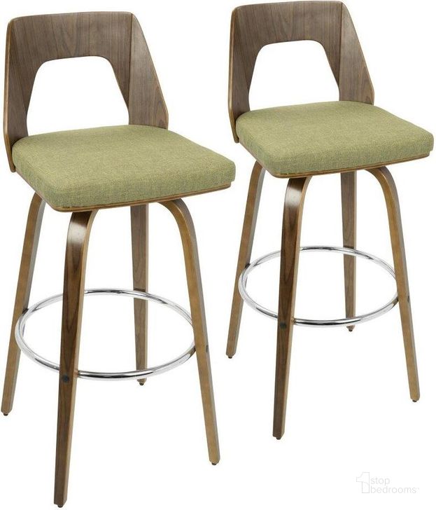 The appearance of Trilogy 30 Inch Mid Century Modern Fixed Height Barstool With Swivel In Walnut And Green Fabric Set Of 2 designed by Lumisource in the transitional interior design. This green piece of furniture  was selected by 1StopBedrooms from Trilogy Collection to add a touch of cosiness and style into your home. Sku: B30-TRILO2-SWVR WLGN2. Material: Wood. Product Type: Barstool. Image1