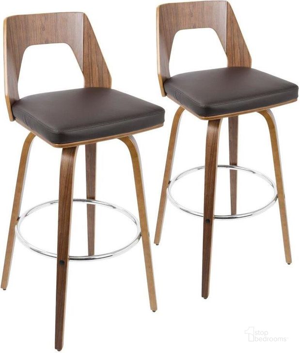 The appearance of Trilogy Mid-Century Modern Barstool In Walnut And Brown Faux Leather - Set Of 2 designed by Lumisource in the transitional interior design. This walnut piece of furniture  was selected by 1StopBedrooms from Trilogy Collection to add a touch of cosiness and style into your home. Sku: B30-TRILO2-SWVR WLBN2. Product Type: Barstool. Material: PU. Image1