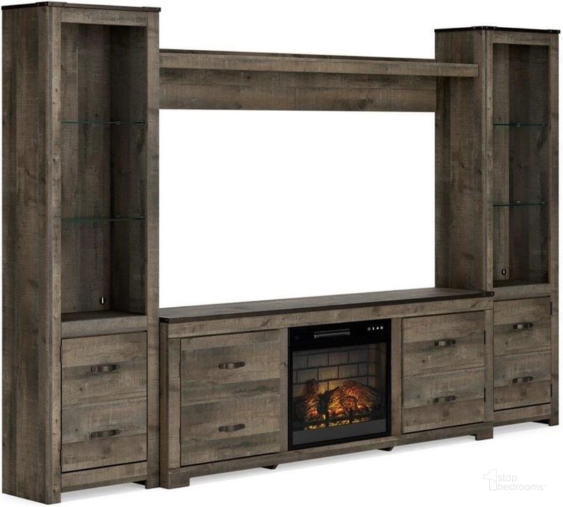 The appearance of Trinell 4-Piece Entertainment Center with Electric Fireplace In Brown designed by Signature Design by Ashley in the transitional interior design. This brown piece of furniture  was selected by 1StopBedrooms from Trinell Collection to add a touch of cosiness and style into your home. Sku: W100-101;W446-124;W446-124;W446-127;W446-168. Material: Glass. Product Type: Entertainment Center. Image1