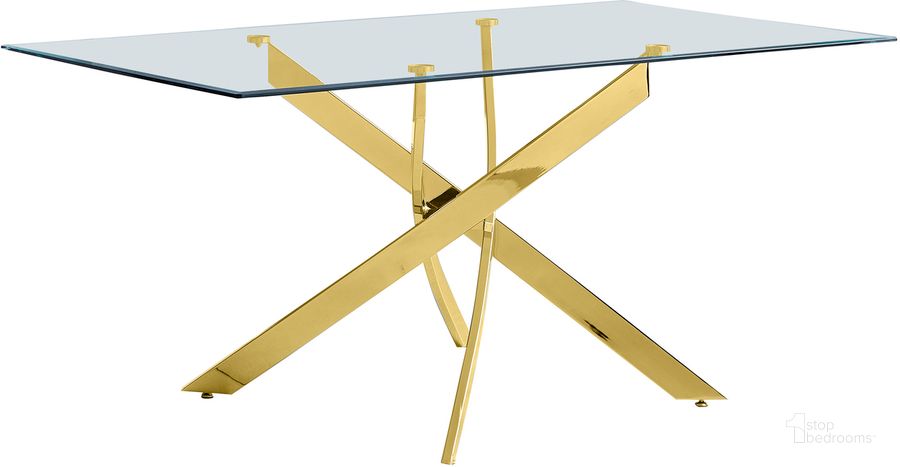 The appearance of Trinity 63 Inch Modern Rectangle Glass Dining Table In Gold designed by Best Master Furniture in the modern / contemporary interior design. This gold piece of furniture  was selected by 1StopBedrooms from Trinity Collection to add a touch of cosiness and style into your home. Sku: T01RT. Table Base Style: Pedestal. Material: Glass. Product Type: Dining Table. Table Top Shape: Rectangular. Size: 63". Image1