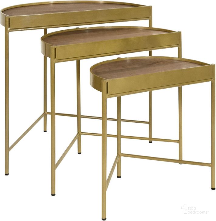 The appearance of Tristen 3-Piece Demilune Nesting Table with Recessed Top In Brown and Gold designed by Coaster in the transitional interior design. This brown and gold piece of furniture  was selected by 1StopBedrooms from Tristen Collection to add a touch of cosiness and style into your home. Sku: 936156. Material: Metal. Product Type: Nesting Table. Image1