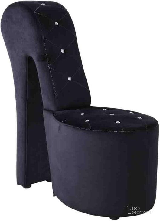The appearance of Tristram 19 Inch Velvet High Heel Shoe Chair In Black designed by Best Master Furniture in the modern / contemporary interior design. This black piece of furniture  was selected by 1StopBedrooms from Tristram Collection to add a touch of cosiness and style into your home. Sku: 6900VB-1;6900VB-2. Product Type: Accent Chair. Material: Velvet. Image1